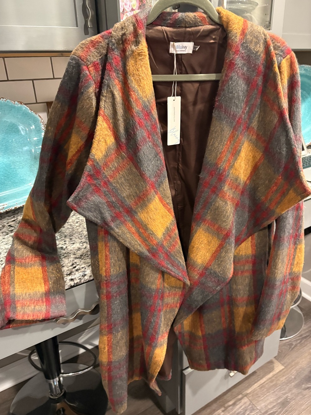 Bluivy Plaid Open-Front Women's Coat in Mustard and Gray